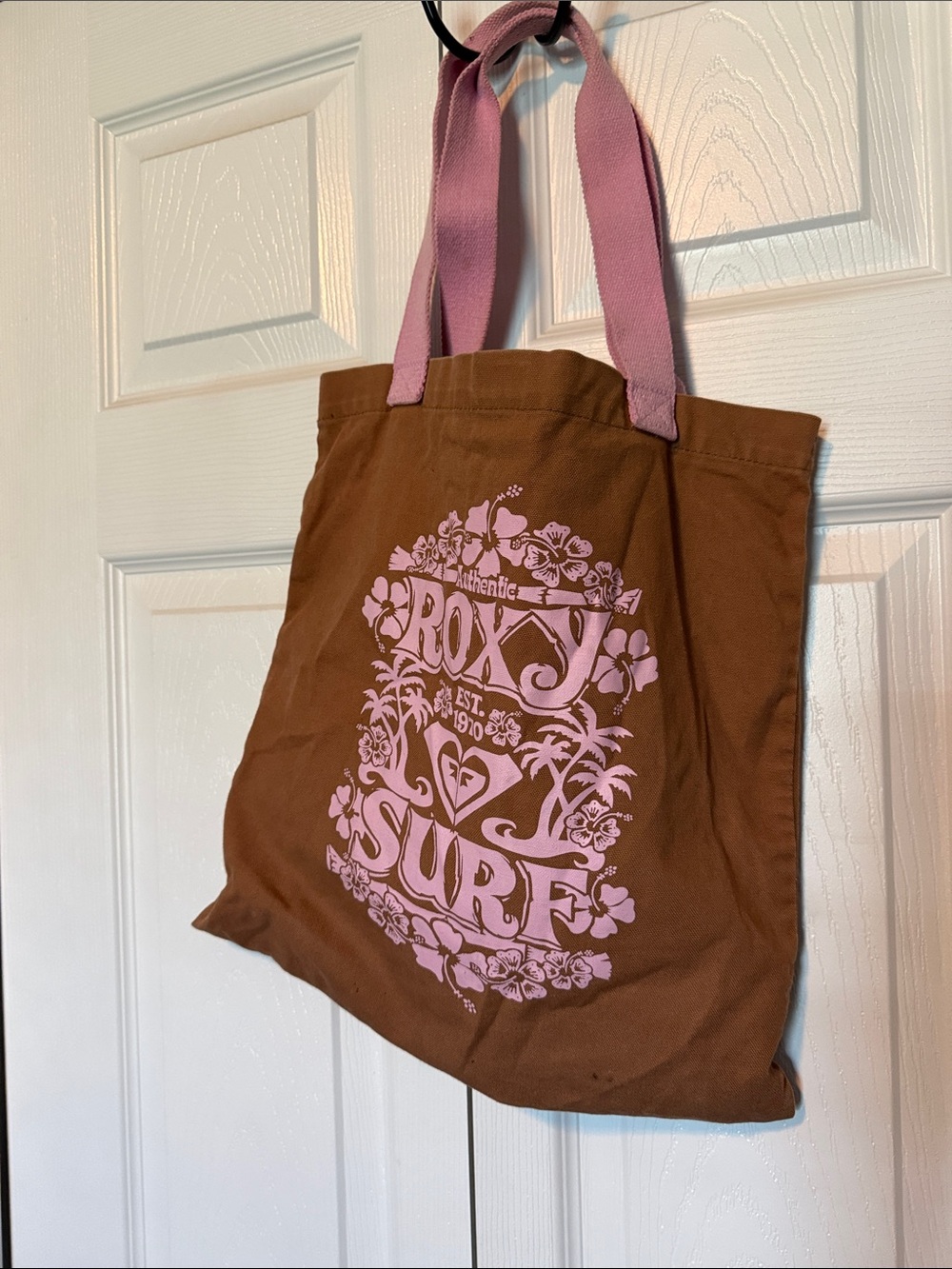 Roxy Brown Tote with Pink Logo and Straps